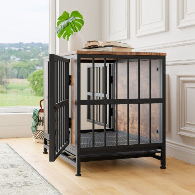 Dog Crate Furniture, Wooden Dog Crate Table, 27.48 Dog Kennel With 2 Sliding Doors And Thick Iron Door Frame, Decorative Pet Crate House For Small Dog Indoor Use Rustic Brown