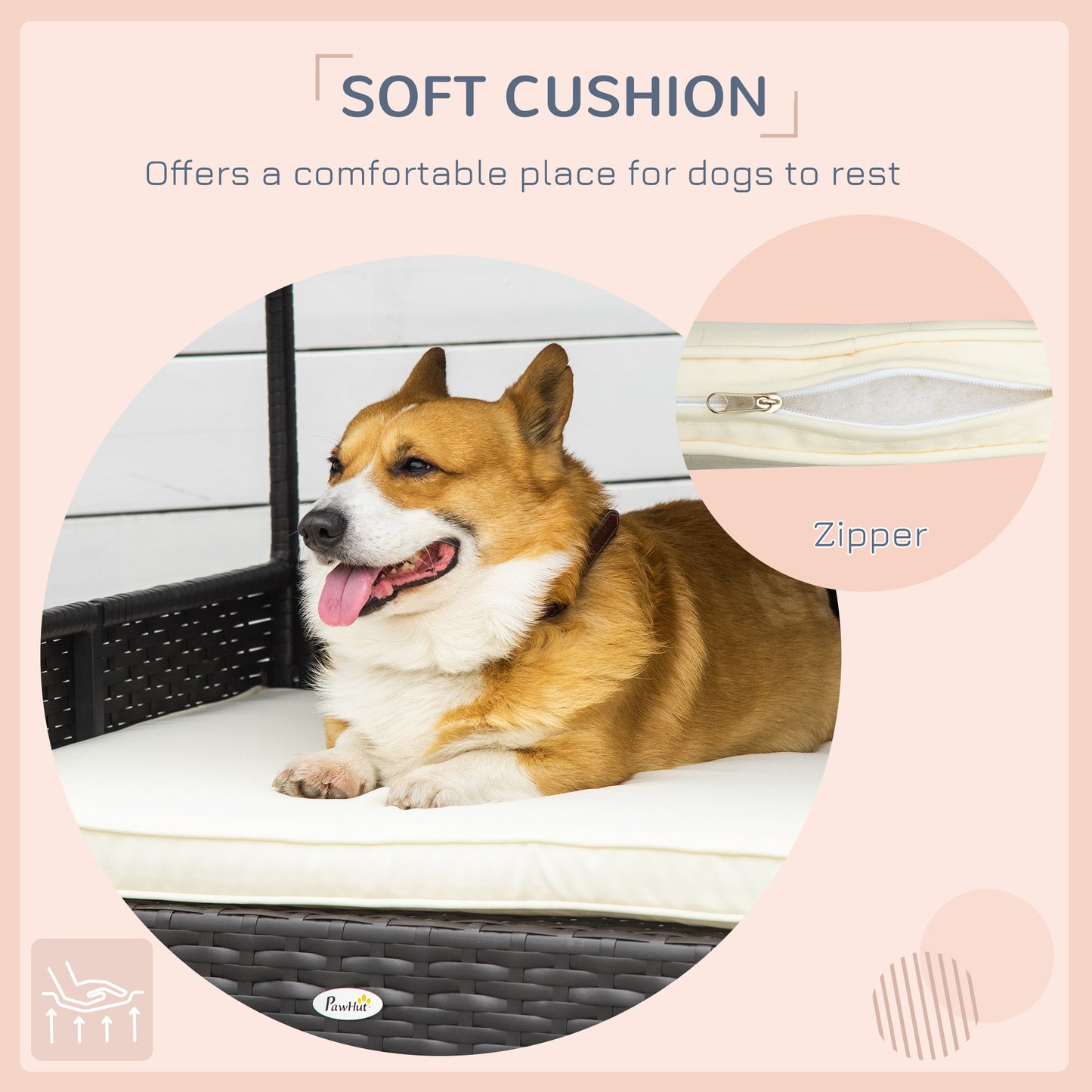 Wicker Dog Bed Outdoor Elevated With Rattan Canopy Cushioned PE Rattan Dog Cat House Sleeping Pad Cream