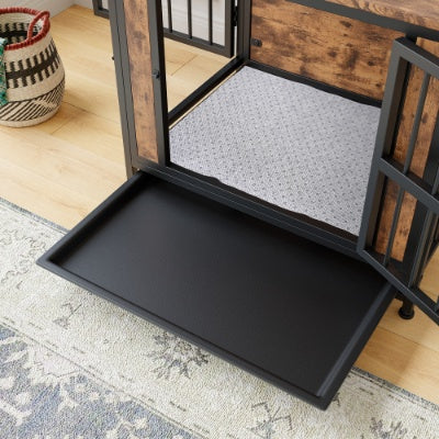 Dog Crate Furniture, Wooden Dog Crate Table, 27.48 Dog Kennel With 2 Sliding Doors And Thick Iron Door Frame, Decorative Pet Crate House For Small Dog Indoor Use Rustic Brown