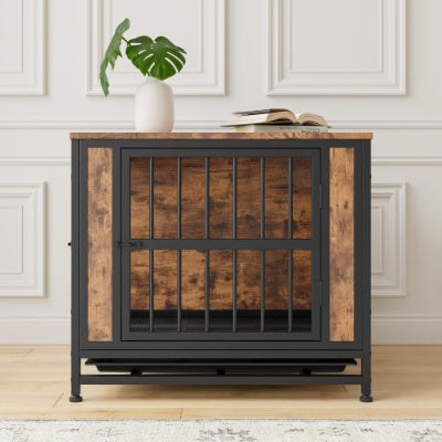 Dog Crate Furniture, Wooden Dog Crate Table, 27.48 Dog Kennel With 2 Sliding Doors And Thick Iron Door Frame, Decorative Pet Crate House For Small Dog Indoor Use Rustic Brown