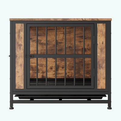 Dog Crate Furniture, Wooden Dog Crate Table, 27.48 Dog Kennel With 2 Sliding Doors And Thick Iron Door Frame, Decorative Pet Crate House For Small Dog Indoor Use Rustic Brown