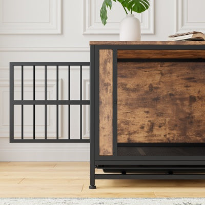 Dog Crate Furniture, Wooden Dog Crate Table, 27.48  Dog Kennel With 2 Sliding Doors And Thick Iron Door Frame, Decorative Pet Crate House For Small Dog Indoor Use Rustic Brown