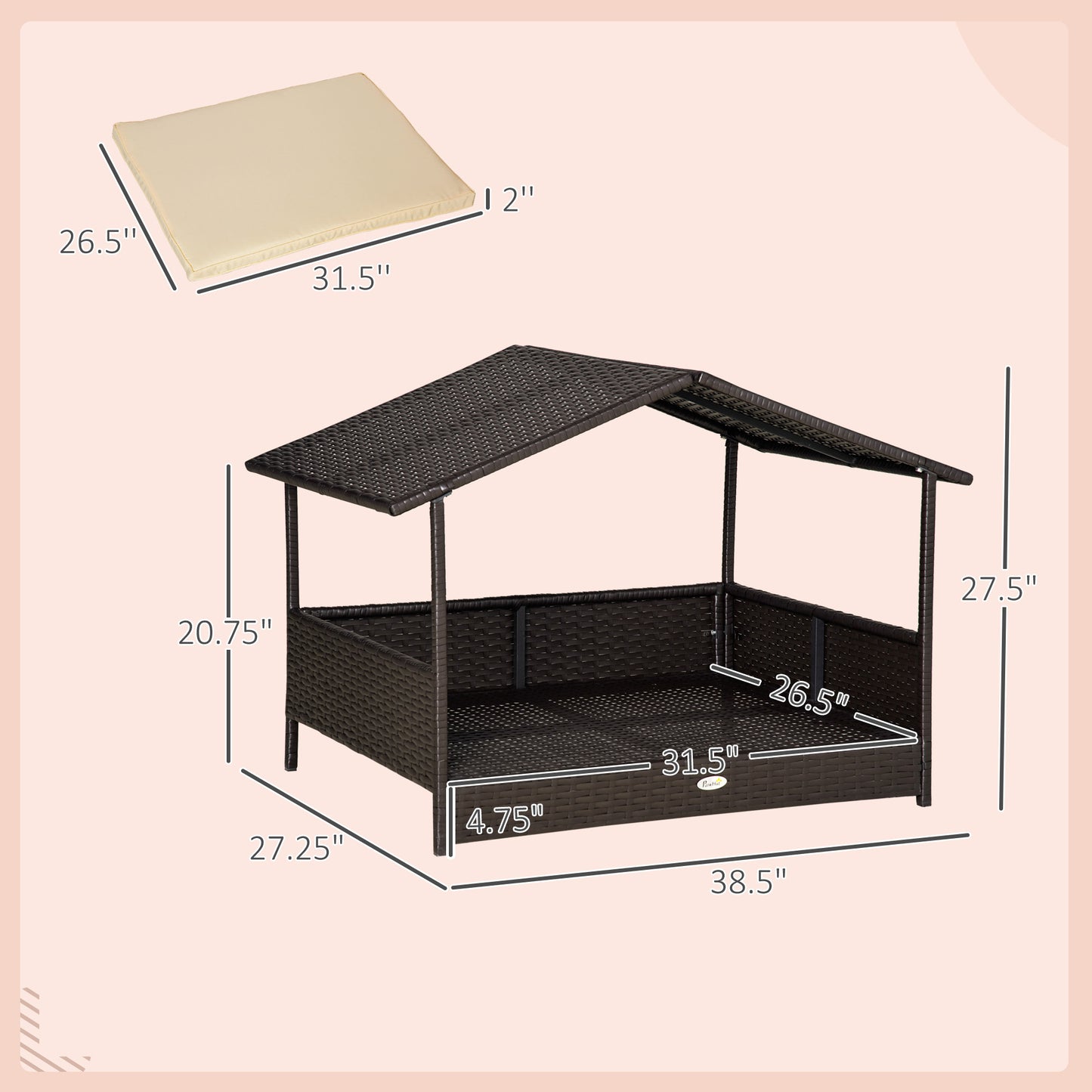 Wicker Dog Bed Outdoor Elevated With Rattan Canopy Cushioned PE Rattan Dog Cat House Sleeping Pad Cream