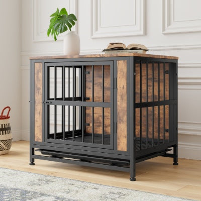 Dog Crate Furniture, Wooden Dog Crate Table, 27.48  Dog Kennel With 2 Sliding Doors And Thick Iron Door Frame, Decorative Pet Crate House For Small Dog Indoor Use Rustic Brown