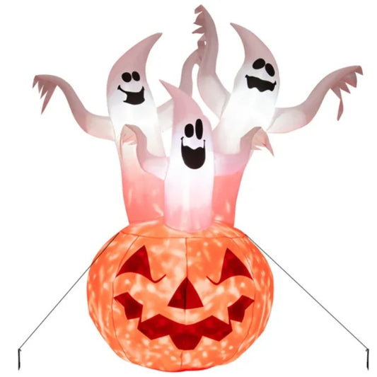 6ft Halloween Inflatable Ghost & Pumpkin Decoration - Colorful Rotating Flame Light, 190T Waterproof Polyester For Yard Outdoor