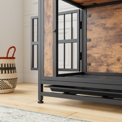 Dog Crate Furniture, Wooden Dog Crate Table, 27.48  Dog Kennel With 2 Sliding Doors And Thick Iron Door Frame, Decorative Pet Crate House For Small Dog Indoor Use Rustic Brown