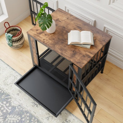 Dog Crate Furniture, Wooden Dog Crate Table, 27.48  Dog Kennel With 2 Sliding Doors And Thick Iron Door Frame, Decorative Pet Crate House For Small Dog Indoor Use Rustic Brown